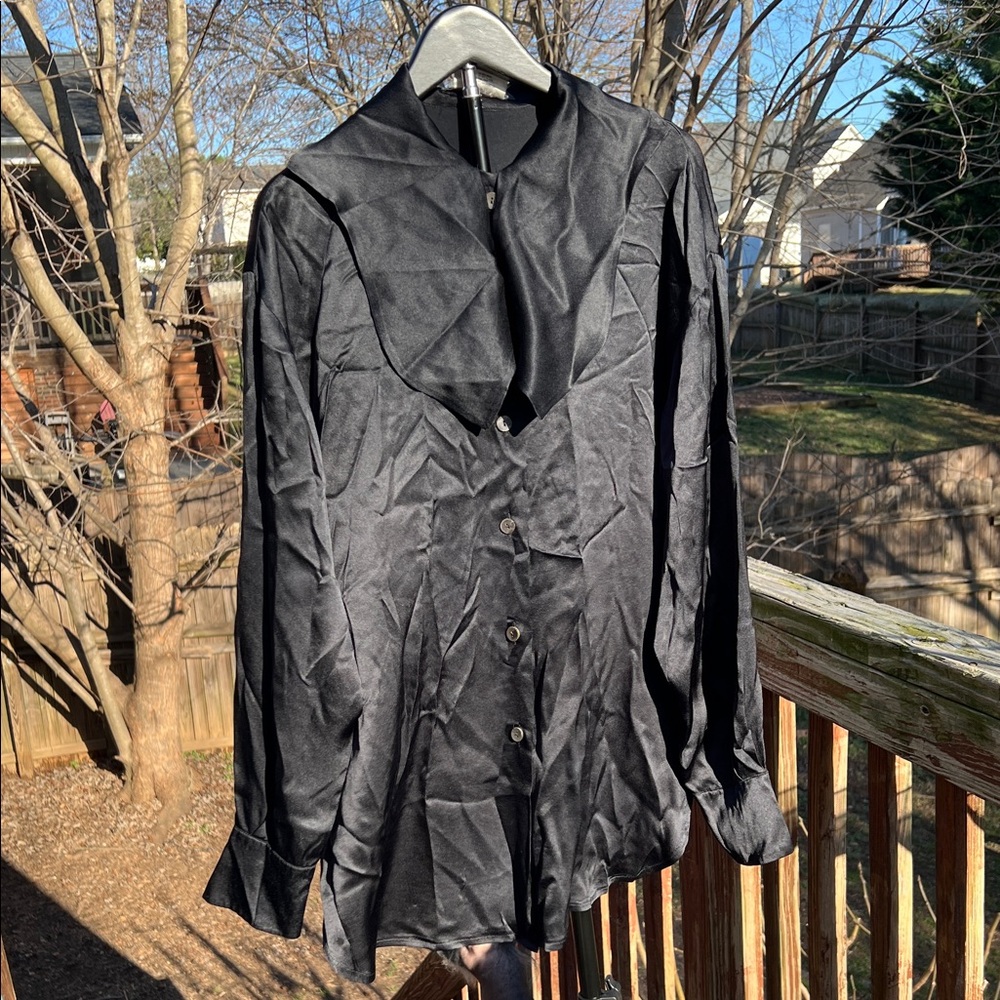 CRISCA Black 100% Silk Button Up Tunic with Flap Collar Vintage